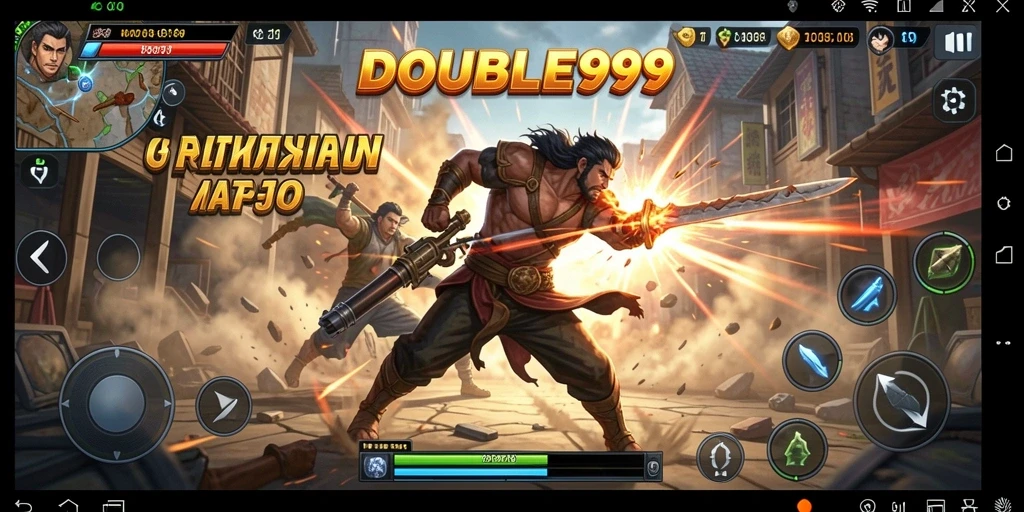 Screenshot DOUBLE999 menampilkan aksi seru pertempuran di tengah medan tempur.