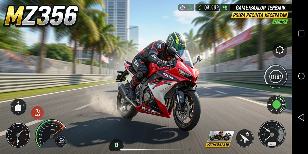 Screenshot utama MZ356 menampilkan aksi balap motor yang seru dan cepat.