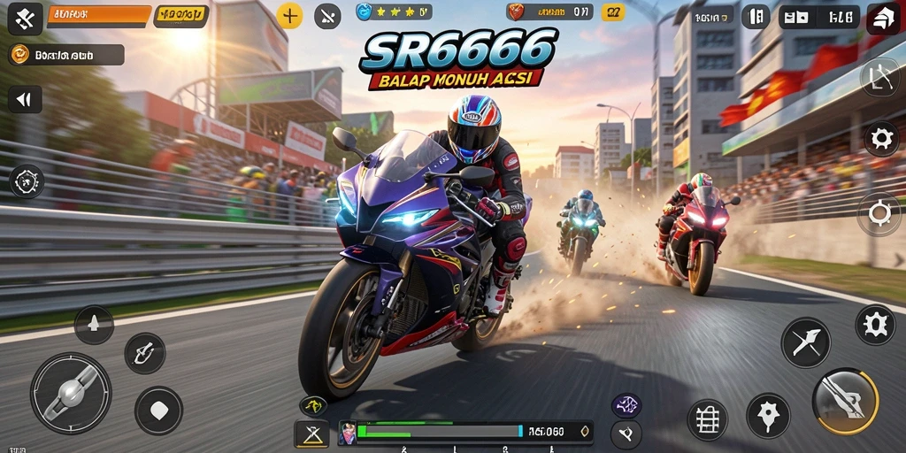 Screenshot aksi balap motor di SR6666 yang mendebarkan.